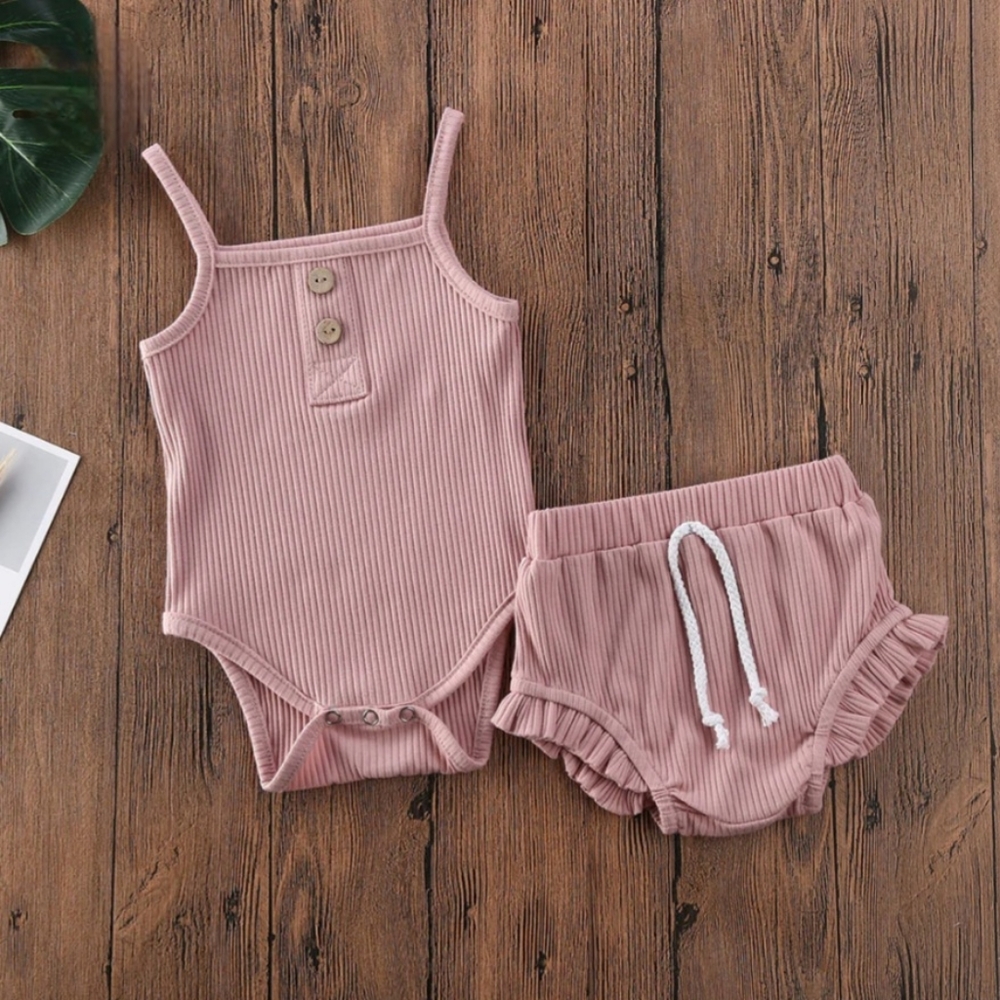 Baby Girl Ribbed 2Pc Set Dusty Pink Bodysuit Ruffle Bloomer Summer Outfit 12-18M